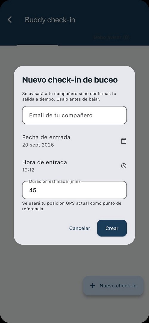 Creación de un check-in de buceo con compañero, hora y duración
