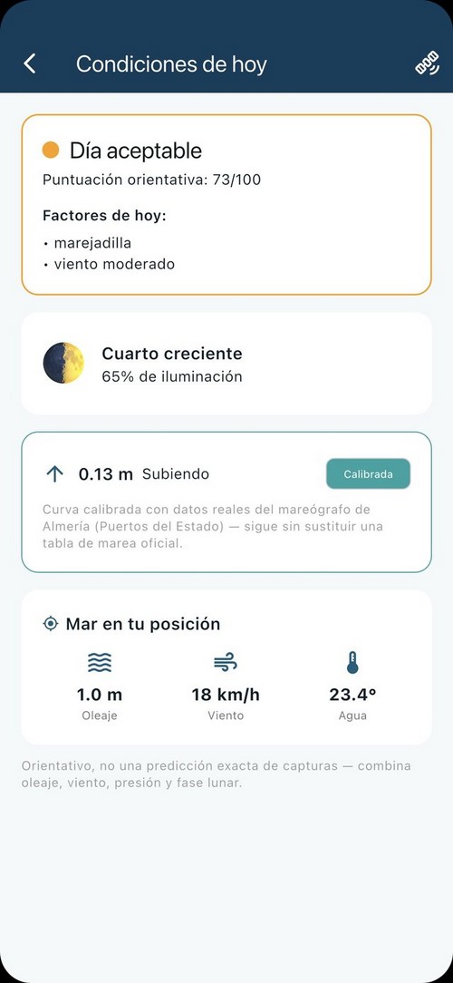 Pantalla de condiciones de hoy con valoración del día, marea y estado del mar