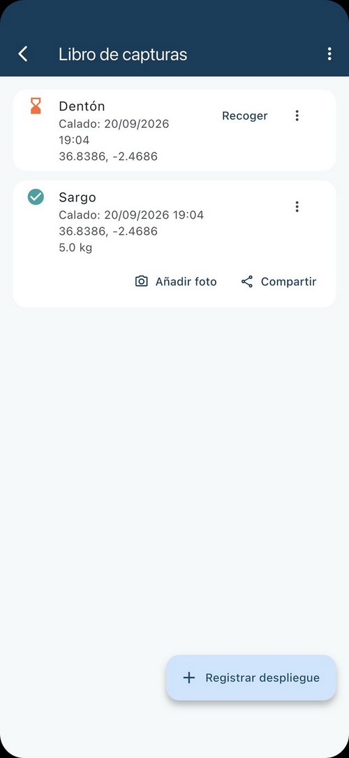 Libro de capturas con los calados registrados