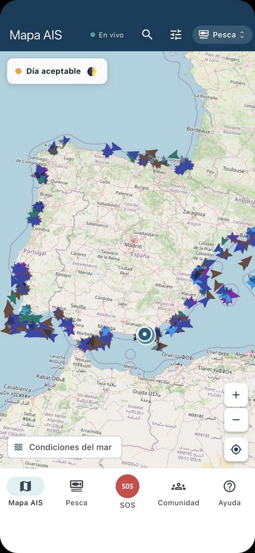 Mapa AIS de Estrella Guía mostrando el tráfico marítimo alrededor de la península ibérica