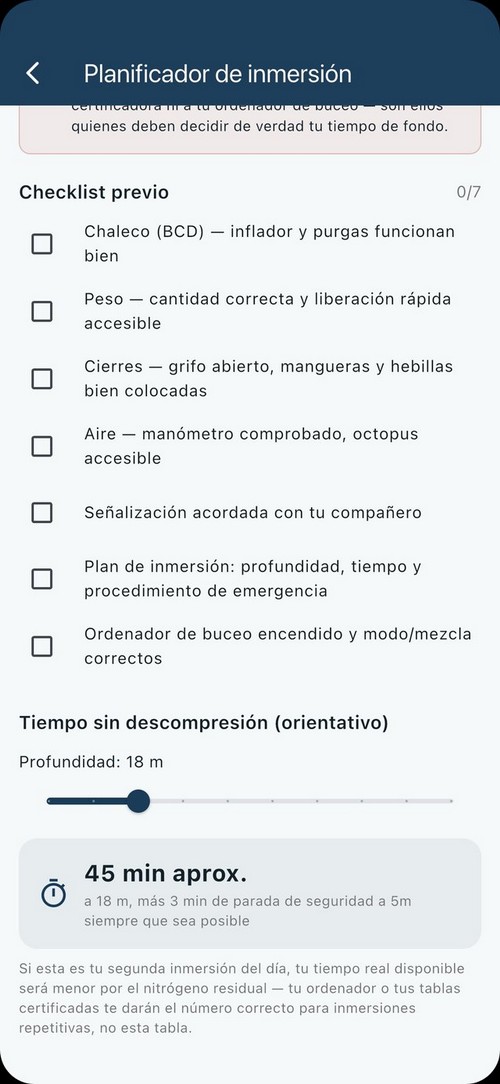 Planificador de inmersión con checklist previo y tiempo sin descompresión