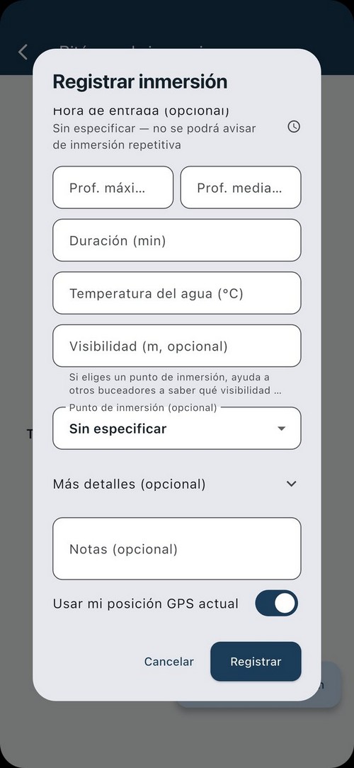 Formulario para registrar una inmersión en la bitácora